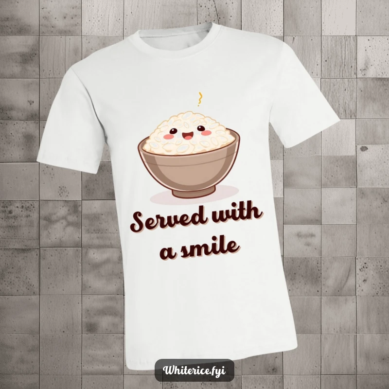 Funny Rice Grain T-Shirt depicting a happy rice grain being served in a small bowl, representing comfort and culinary joy.