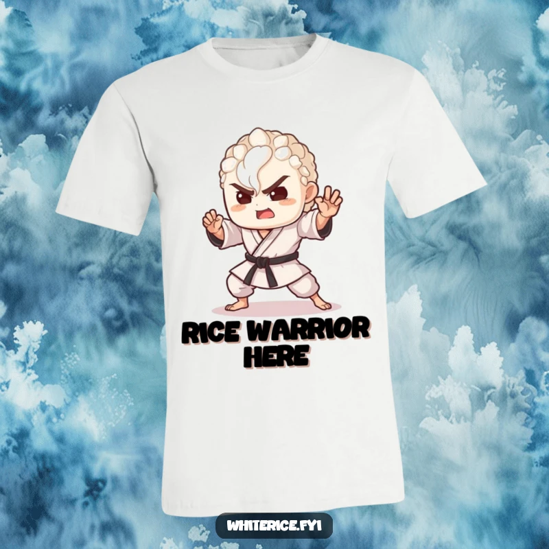 Funny t-shirt with a delighted grain of rice striking an epic martial arts pose, ready for action.