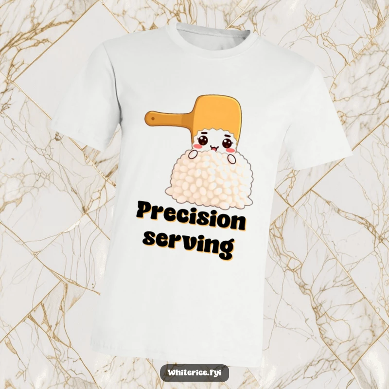 Funny t-shirt showcasing a small but mighty rice paddle character focused on scooping a generous pile of fluffy rice.