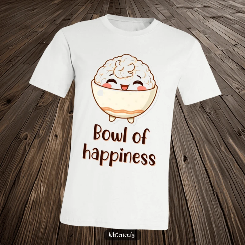Funny t-shirt depicting a delighted, anthropomorphic rice bowl character beaming with satisfaction, overflowing with cheerful content.