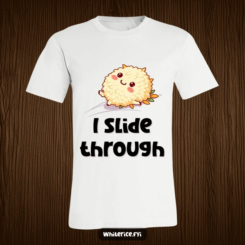 Funny t-shirt depicting a playful rice character in mid-slide down a smooth surface, conveying freedom and joy.