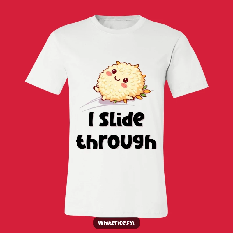 Funny Sliding Rice T-Shirt: Playful Character, Humorous Apparel