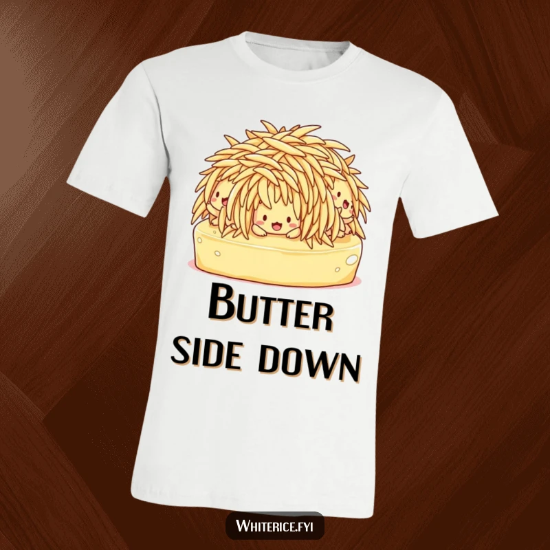 Funny t-shirt featuring a clump of confused rice characters comically losing balance while slipping on butter.