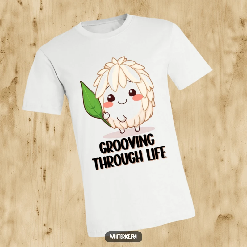 Funny t-shirt showing a smiling rice character doing a happy spin, complete with a jaunty leaf, symbolizing carefree fun.