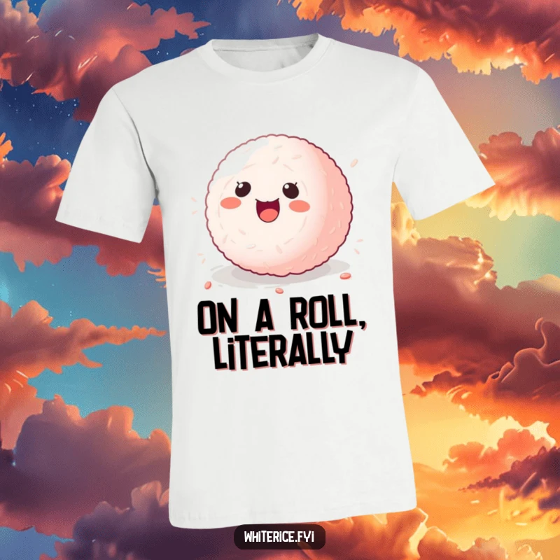 Funny kawaii sticky rice ball t-shirt, character rolling with delight, cute and amusing apparel.