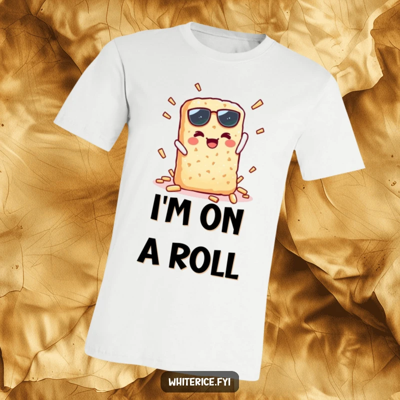 Funny t-shirt with a kawaii rice cracker character doing a crisp, triumphant snap, a humorous design.
