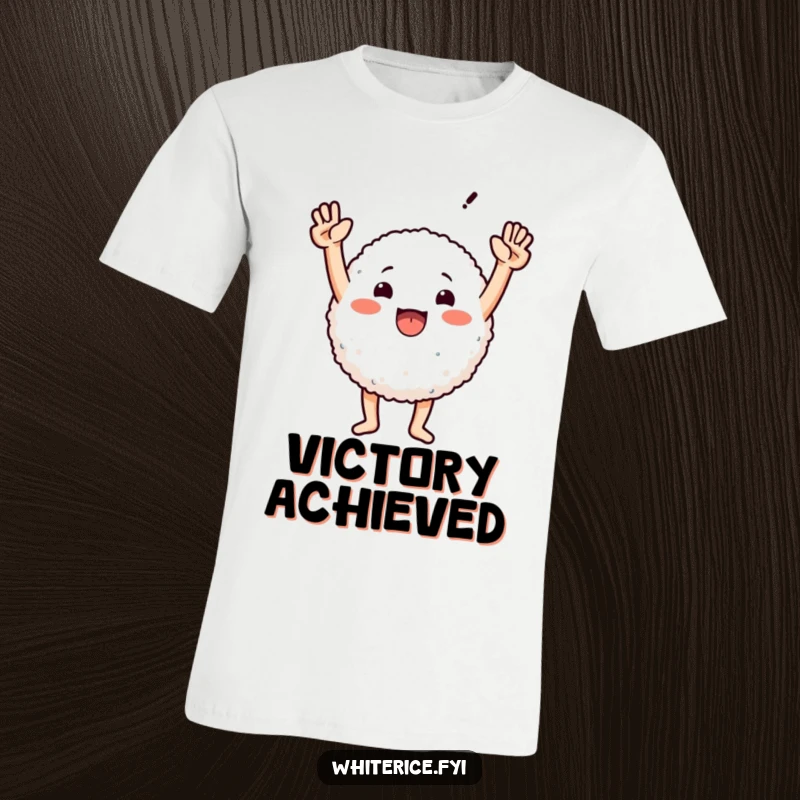 Funny t-shirt showcasing a round rice character joyfully raising its arms in a triumphant pose, ready to conquer.