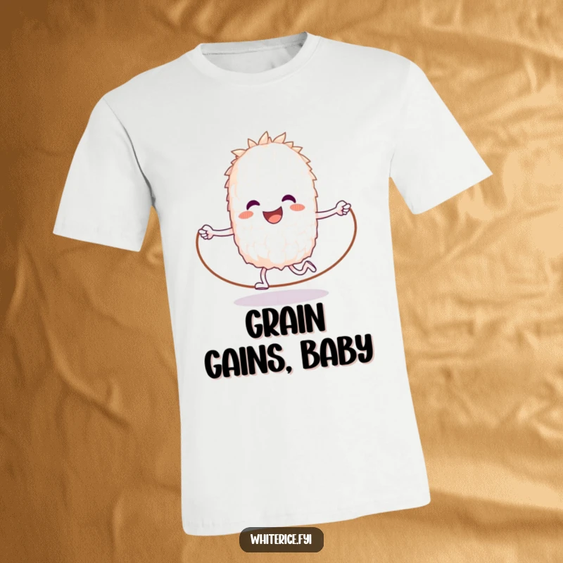 Funny t-shirt depicting a happy, anthropomorphic grain of white rice joyfully jumping rope, celebrating fitness.