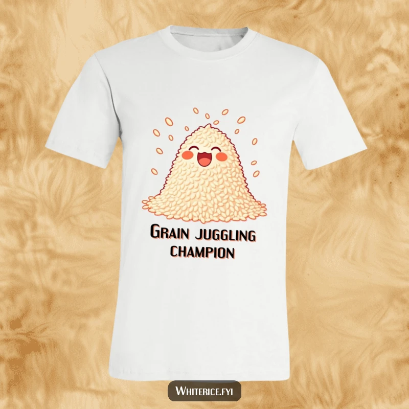 Funny juggling rice t-shirt displaying a joyful pile of rice playfully juggling small grains, radiating fun.