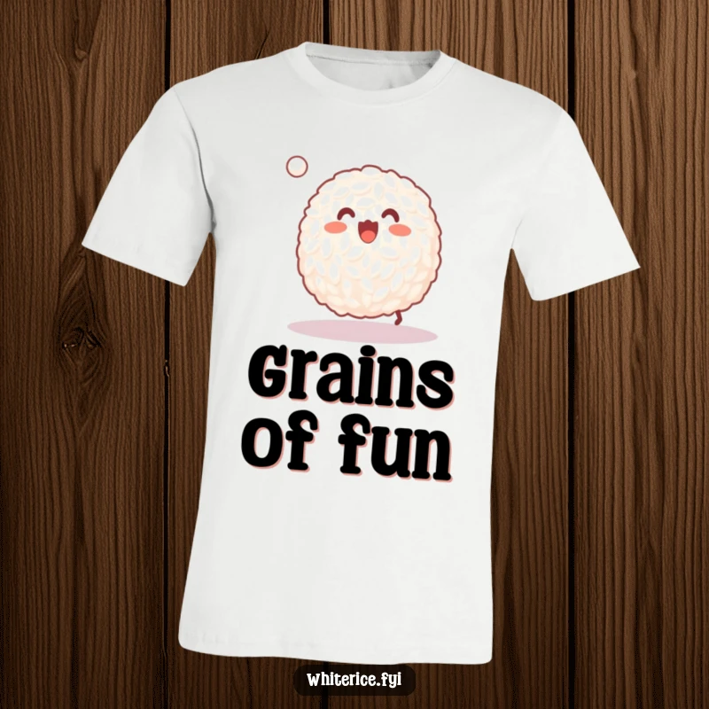 Funny t-shirt of a happy grain of white rice joyfully bouncing a tiny ball, a playful design.