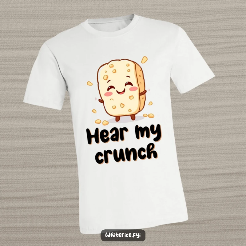 Funny t-shirt depicting a cheerful, small rice cracker character crumbling slightly with a happy crunch, full of crispy delight.
