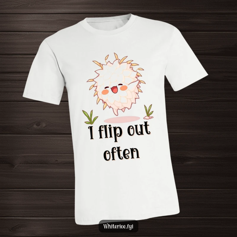 Funny animated white rice grain character performing a somersault, showcased on a t-shirt, radiating boundless energy and playful joy.