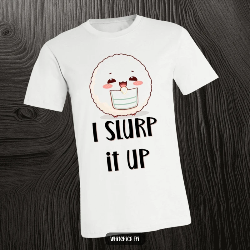 Funny t-shirt showing an amused rice ball in a tiny bib, happily slurping, exuding pure joy.