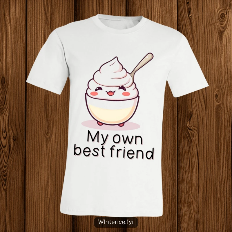 Funny kawaii rice pudding t-shirt, character happily spooning itself, comfortable and amusing apparel.