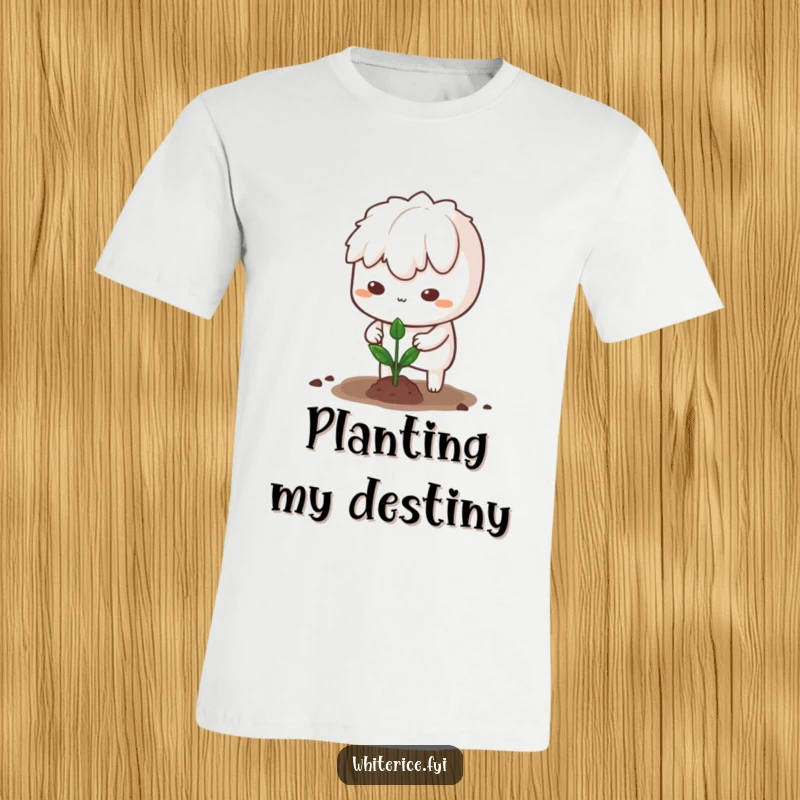 Funny t-shirt with a determined white rice character planting a sprout, celebrating perseverance and effort.