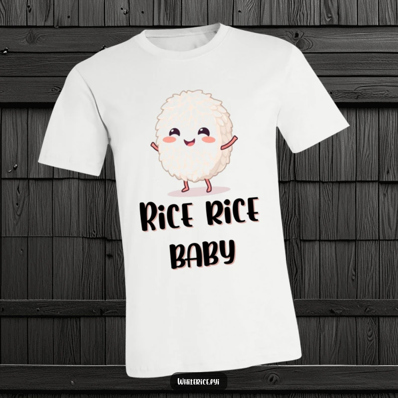 Funny dancing white rice grain t-shirt, depicted in a lively dance pose, radiating happiness and humor.