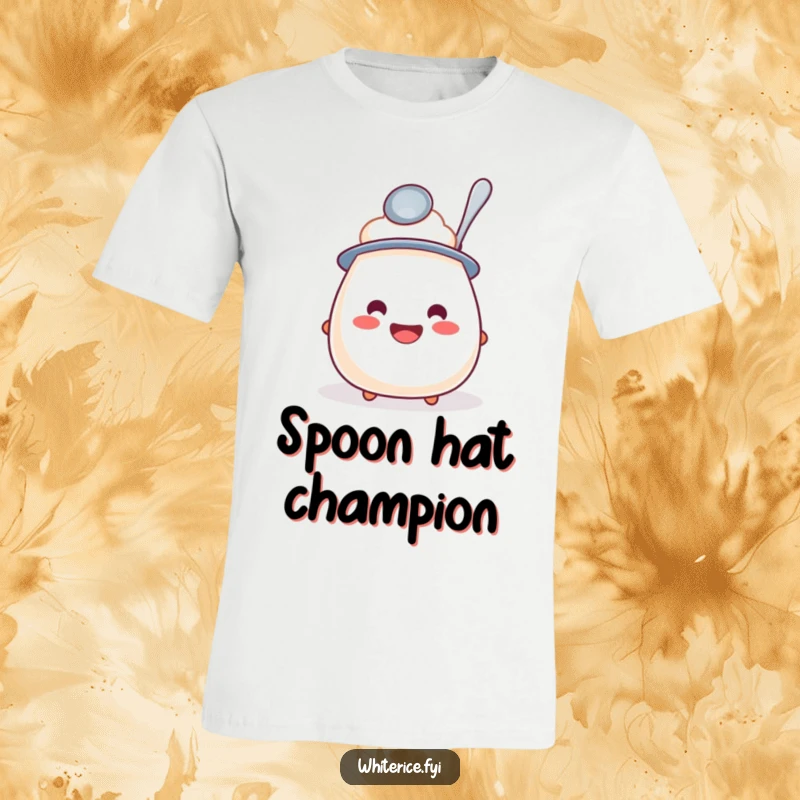 Funny t-shirt with a jovial rice pudding character sporting a tiny spoon hat, showcasing whimsical humor and a playful personality.
