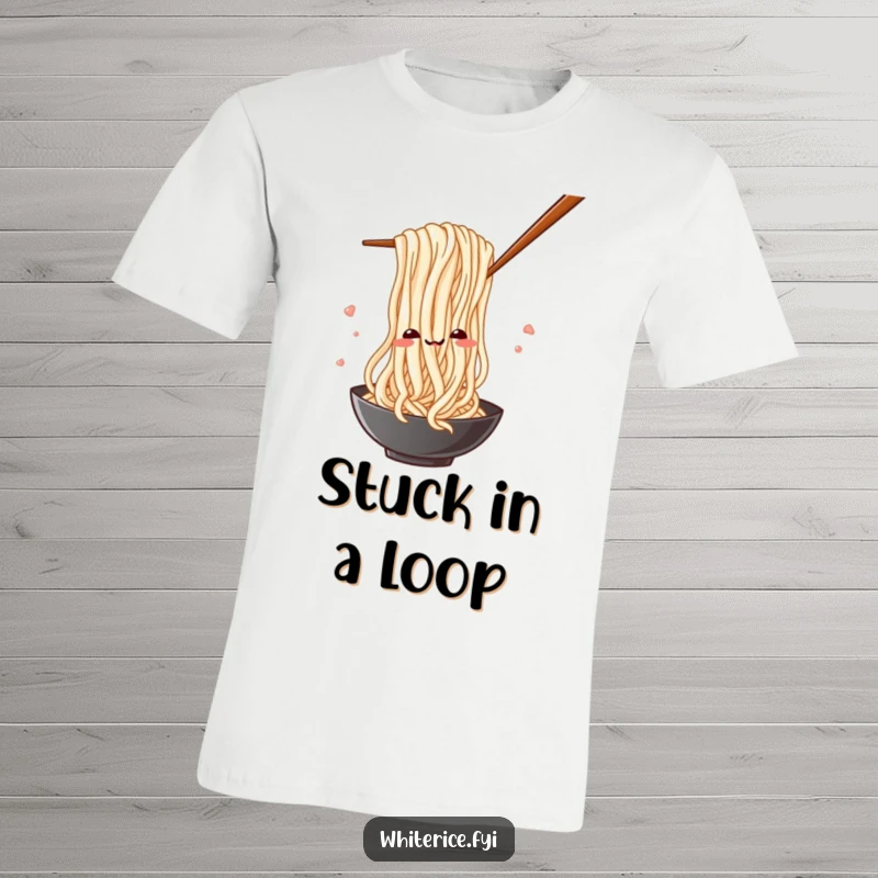 Funny t-shirt depicting a silly rice noodle playfully weaving through chopsticks in a comedic food adventure.