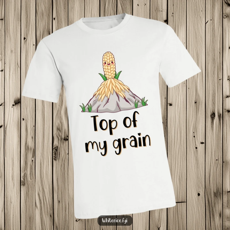 Funny Rice Grain T-Shirt depicting a proud rice grain standing tall on a summit of rice, representing success.