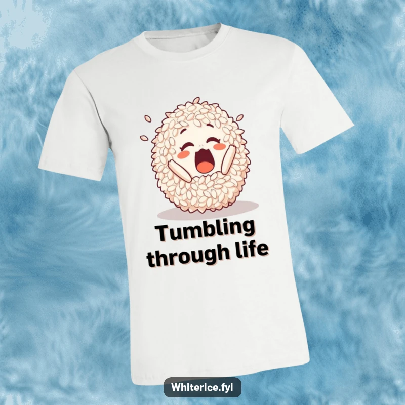 Funny t-shirt depicting a surprised pile of rice in mid-tumble, conveying a sense of amusing disarray.