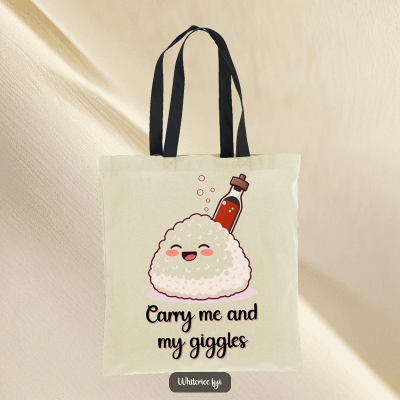 Funny tote bag featuring a giggling mound of rice laughing as a soy sauce bottle sprays. A humorous accessory.