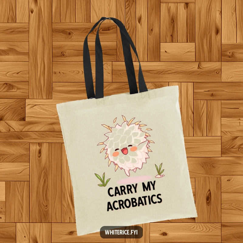 Funny animated white rice grain character doing a somersault, printed on a tote bag, perfect for carrying your active day essentials.