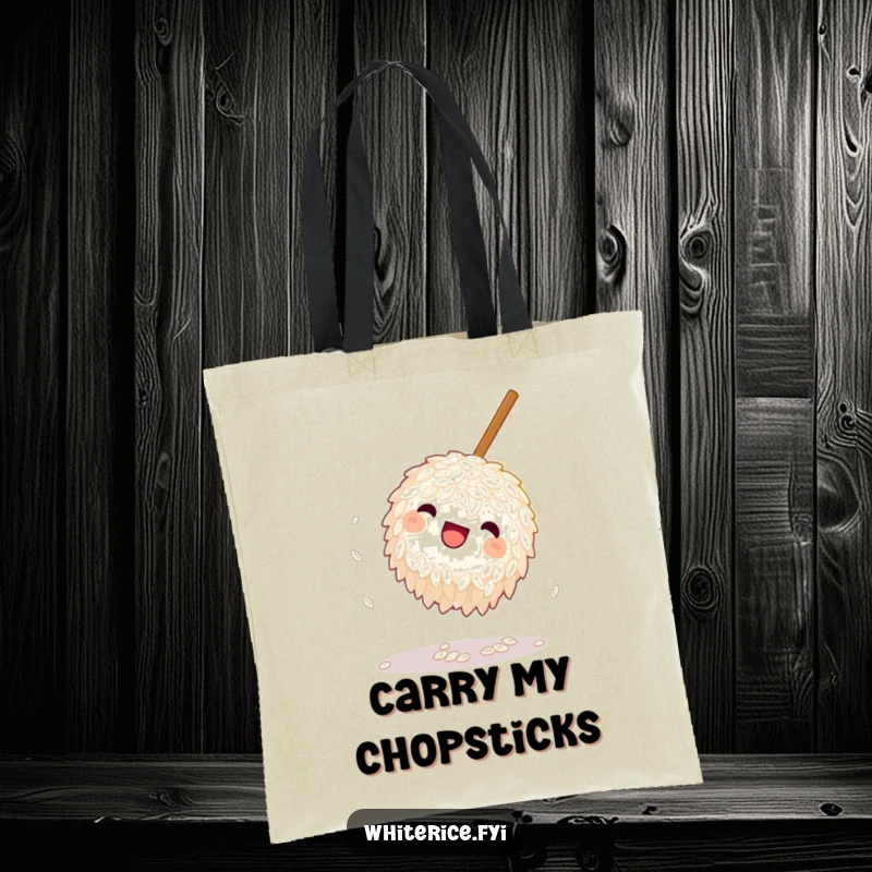 Funny Rice Tote Bag: A playful grain of rice doing a somersault near a chopstick, making it a fun and humorous accessory for everyday use.