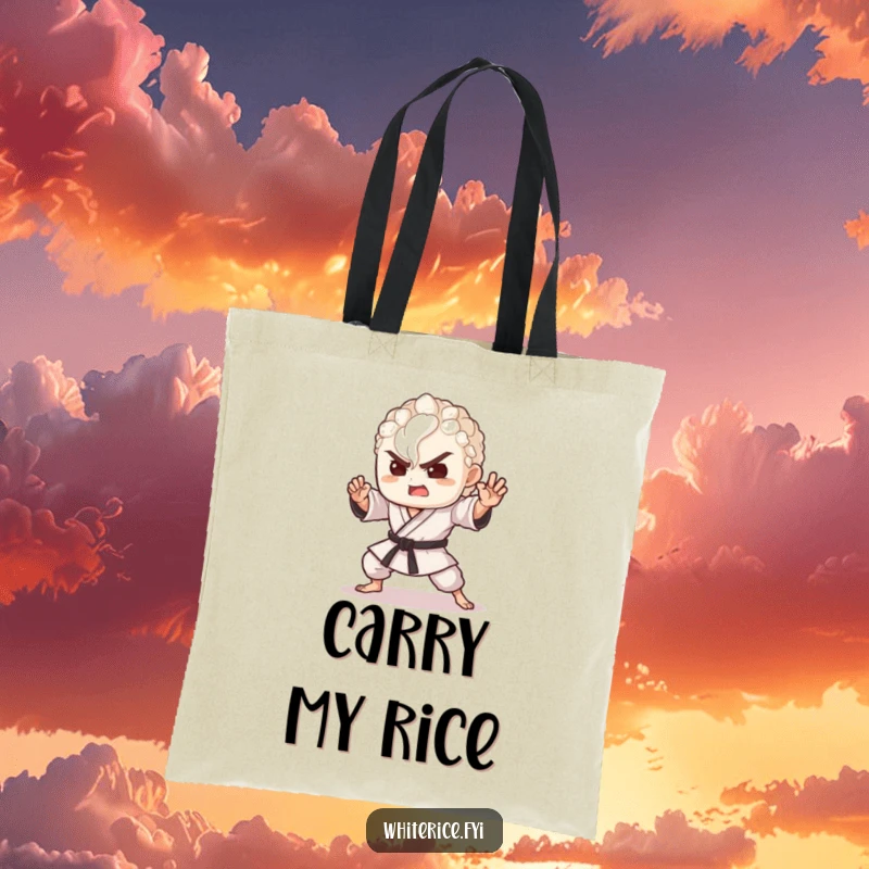 Funny tote bag with a delighted grain of rice performing a dynamic martial arts pose, ideal for carrying daily items.