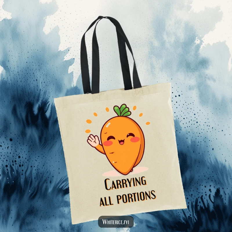 Funny tote bag with a blushing orange carrot slice character cheerfully serving food, a charming and functional accessory.