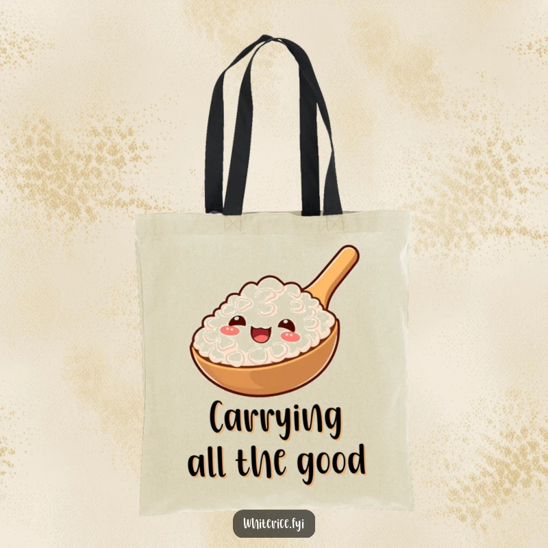 Funny tote bag featuring a cheerful rice paddle presenting a delightful spoonful of fluffy rice for everyday use.
