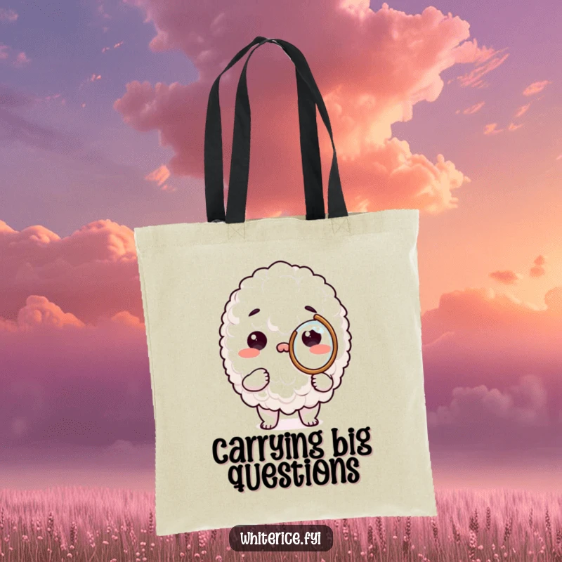 Funny tote bag with a white rice character using a magnifying glass to inspect something unseen, ideal for shoppers.