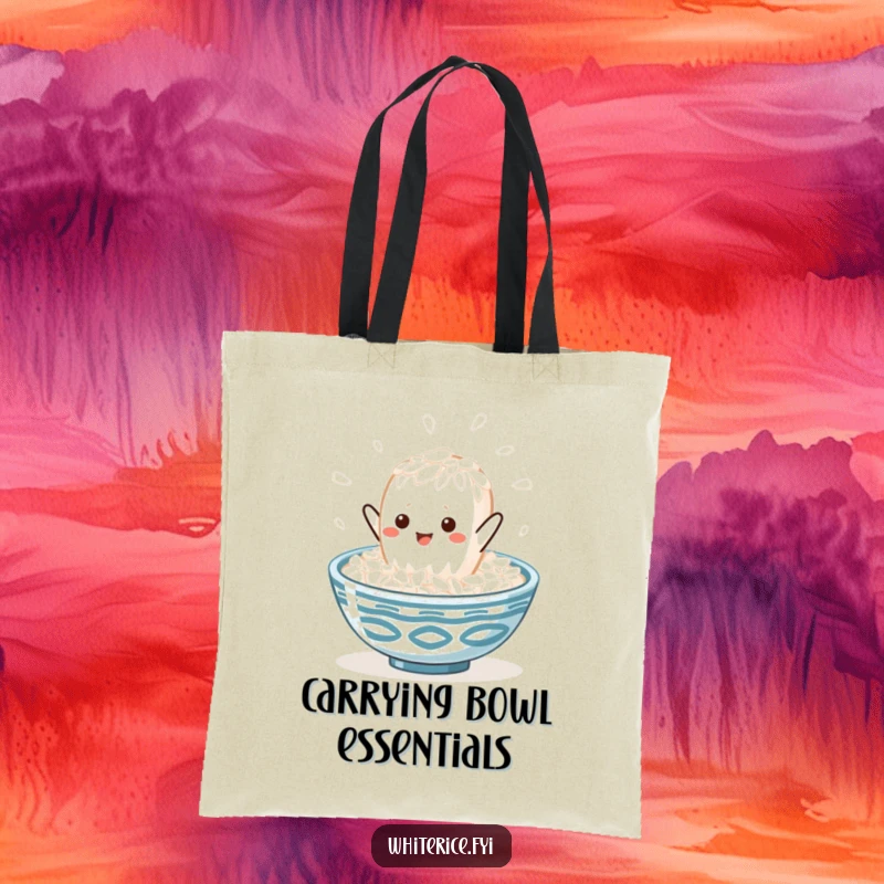 Funny kawaii white rice grain character leaping into a steaming rice bowl, printed on a tote bag, ideal for carrying snacks and smiles.