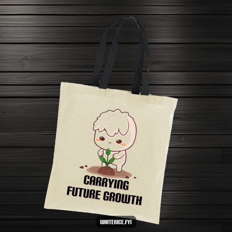 Funny tote bag with a determined white rice character planting a sprout, ideal for carrying essentials purposefully.