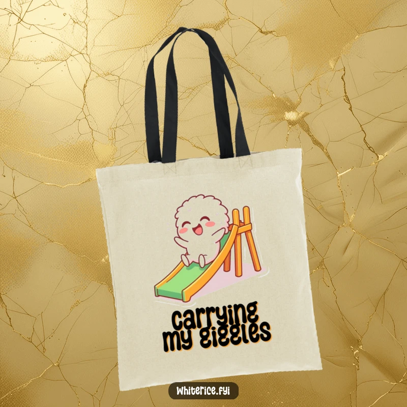 Funny tote bag depicting a giggling white rice character sliding down a miniature slide, perfect for carrying items with a dose of playful humor.