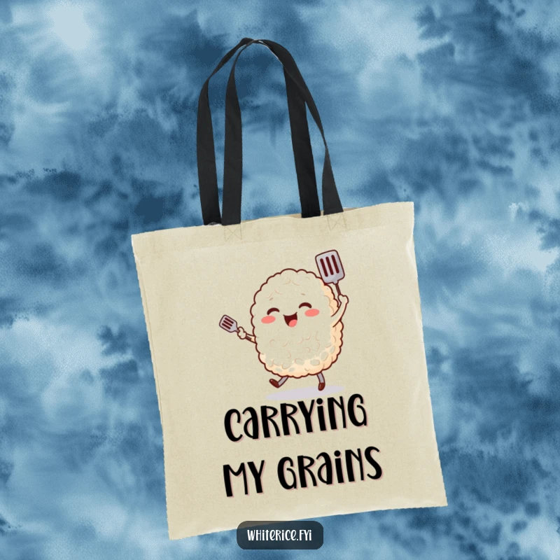 Funny tote bag featuring a cheerful, plump grain of rice character happily dancing with a tiny spatula, a cute food accessory.