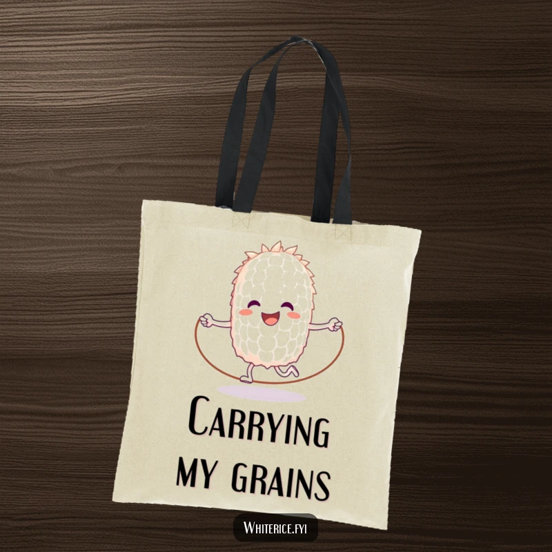 Funny tote bag with a happy anthropomorphic grain of rice jumping rope, perfect for carrying gym clothes.