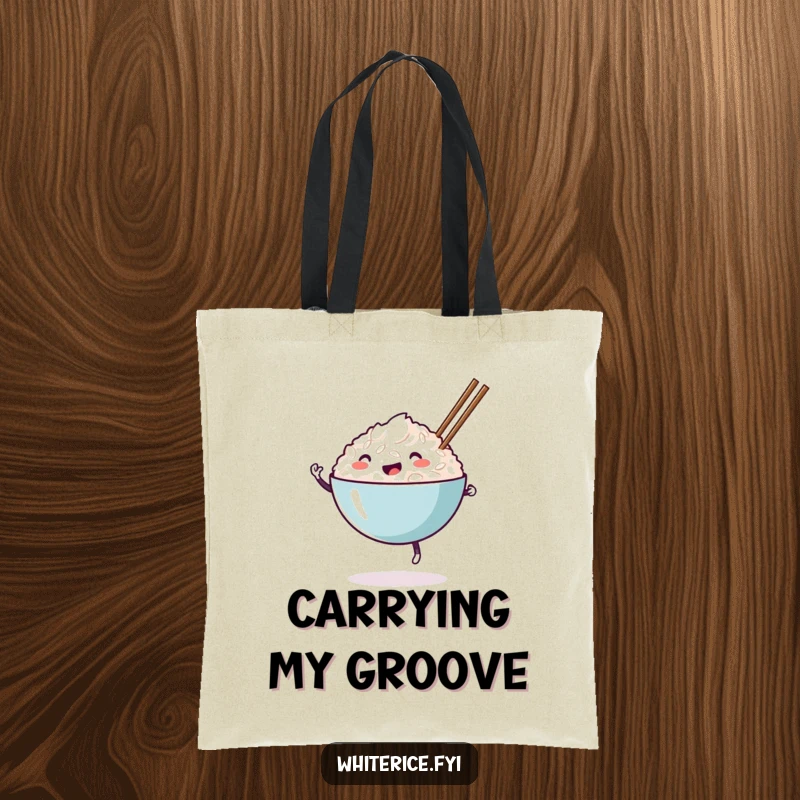 Funny happy white rice bowl tote bag, dancing with chopsticks, a humorous and practical accessory for carrying essentials.