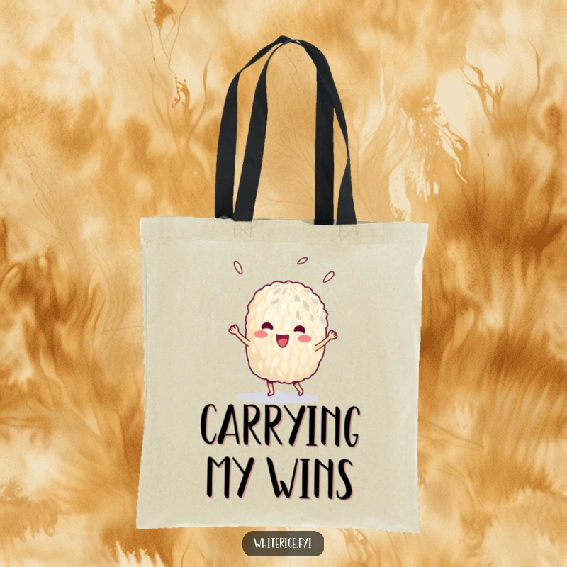 Funny tote bag showing a delighted grain of rice doing a victory dance, perfect for carrying essentials.