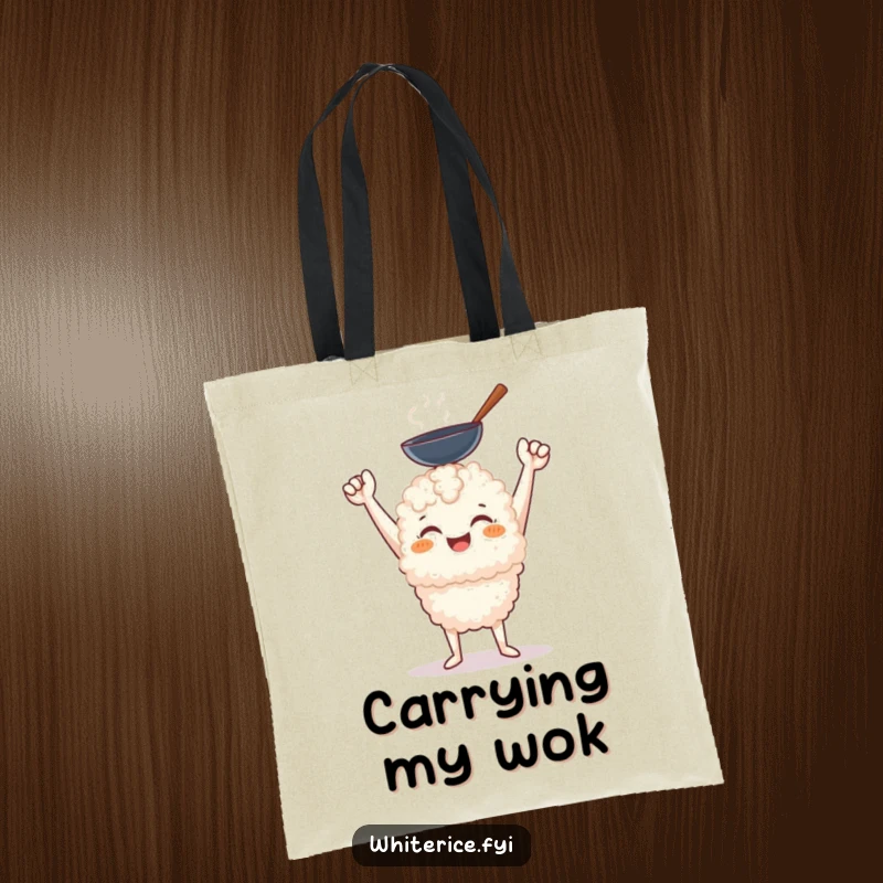 Funny cheerful white rice character holding a miniature wok with a triumphant smile on a durable tote bag.
