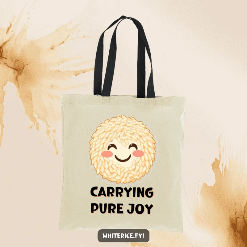 Funny tote bag featuring a cheerful bunch of rice grains forming a happy smiley face. A stylish and humorous accessory.