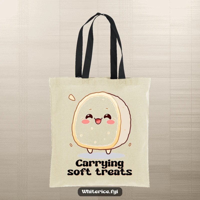 Funny kawaii tote bag with a cheerfully bouncing rice cake character, perfect for carrying daily items.