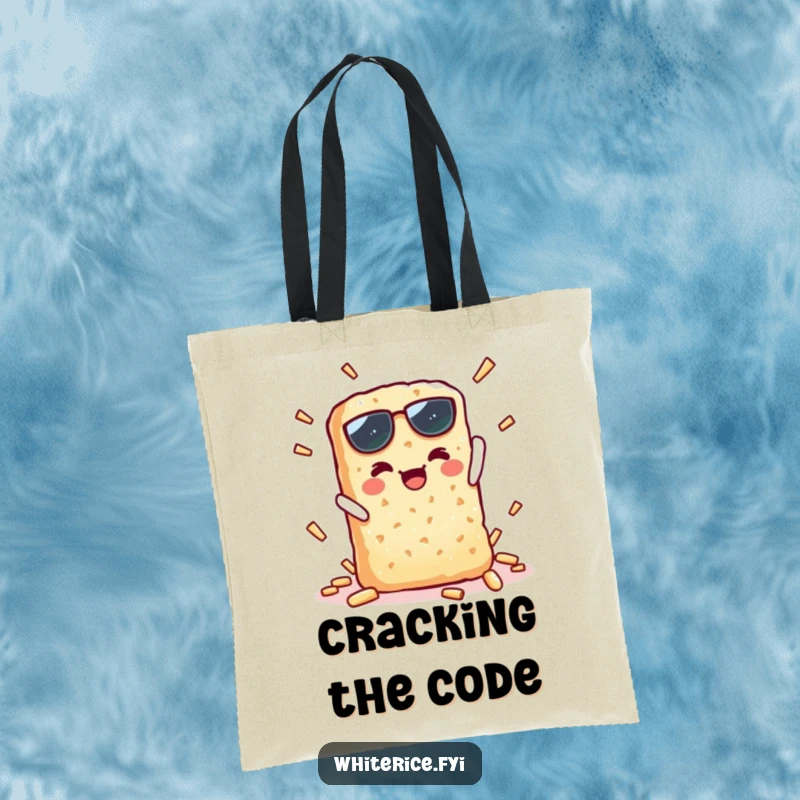 Funny tote bag featuring a kawaii rice cracker doing a satisfying, crisp, triumphant snap, showcasing snack humor.