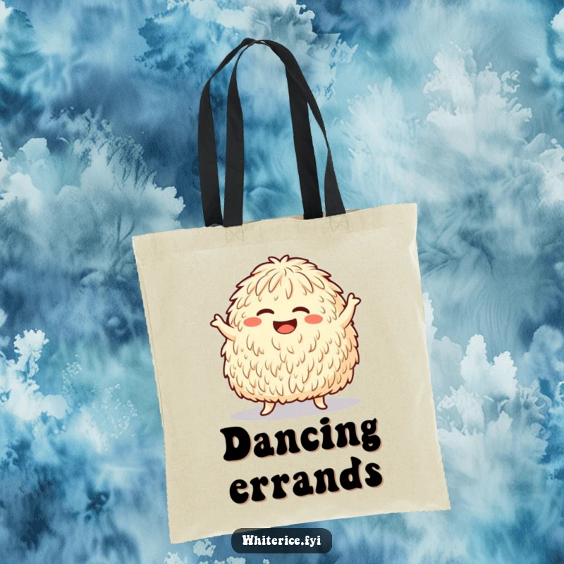 Funny tote bag depicting a giggling rice mound doing a silly dance move, symbolizing playful energy and joy.
