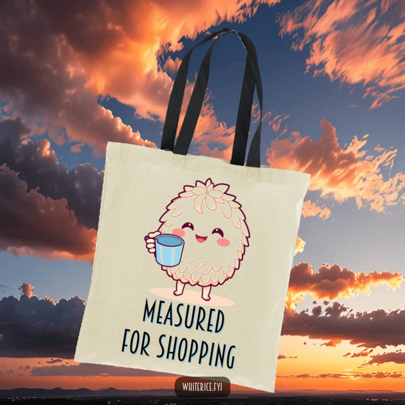 Funny Basmati Rice Tote Bag: A joyful Kawaii character holding a tiny measuring cup, embodying cheerful precision and culinary fun, great for shopping.