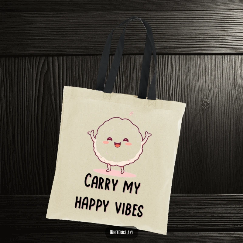 Funny tote bag featuring a happy glob of sticky white rice dancing cheerfully. A stylish and humorous accessory.