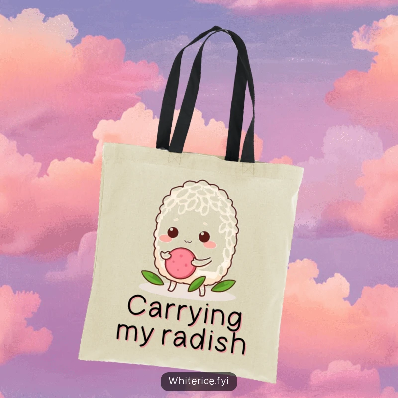 Funny Rice Tote Bag: A determined grain of rice pushing a radish slice, making it a humorous and motivational accessory for carrying essentials.