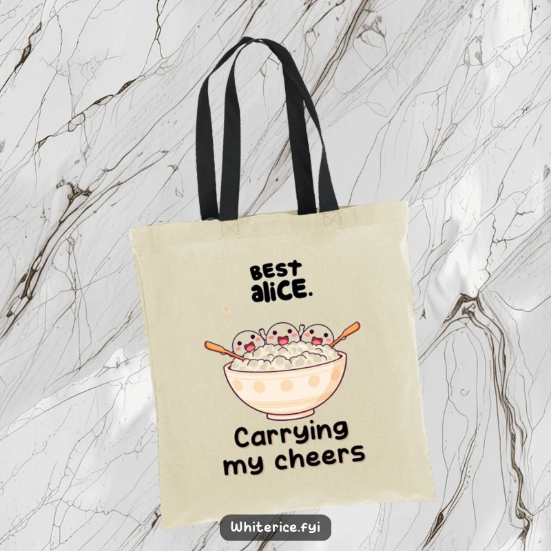 Funny tote bag depicting an excited bowl of rice characters cheering with tiny spoons, perfect for carrying joy.