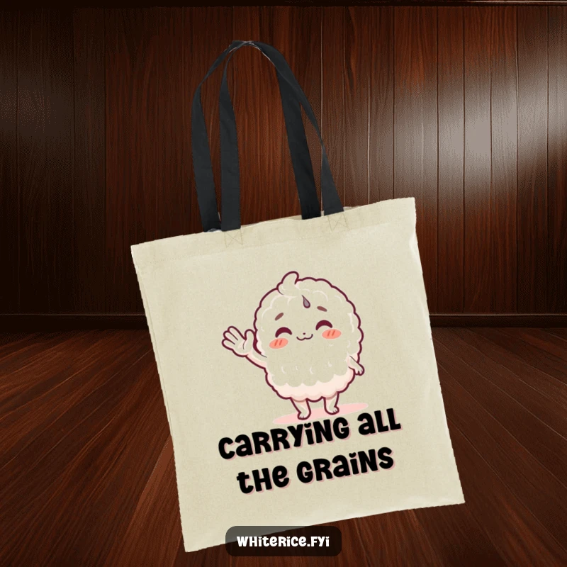Funny rice character tote bag featuring a smiling white rice grain giving a friendly wave. Great for shopping and daily use.