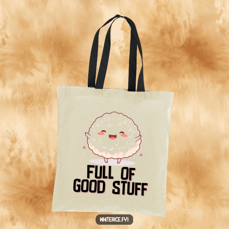 Funny happy rice tote bag with a joyful mound of white rice bouncing energetically, perfect for carrying items.