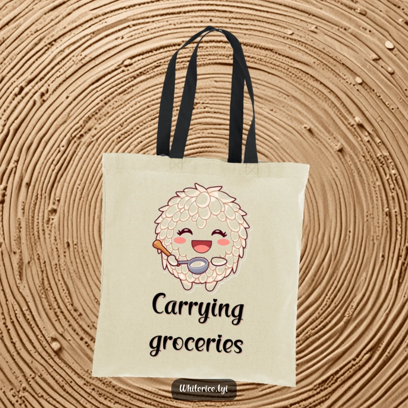 Funny tote bag depicting a joyful rice character with a huge smile holding a tiny ladle, symbolizing cooking happiness.